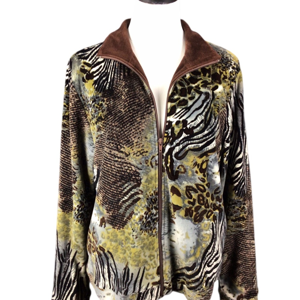 Kaktus Women's Velour Animal Patterned Jacket Medium Full Zip